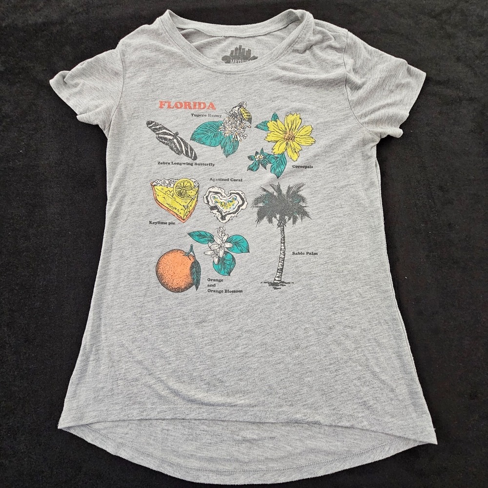 Florida Plant‎ Life Gray Short Sleeve Polyester Rayon T-Shirt Women's M